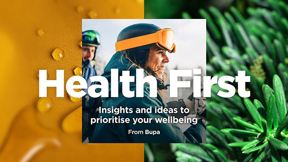 Health First header with decorative imagery and a woman in skiing gear